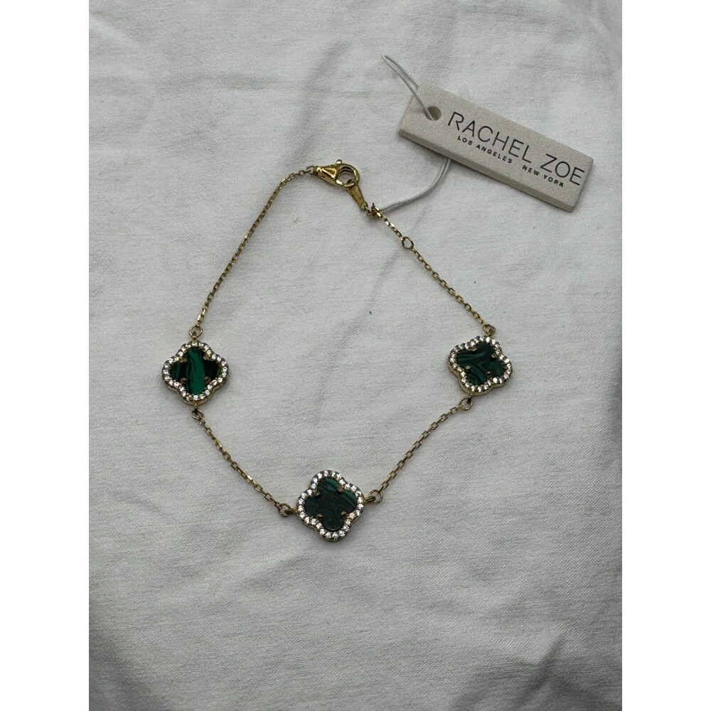 Rachel Zoe Green Malachite Pave Clover 18K Gold On Sterling Silver Bracelet New